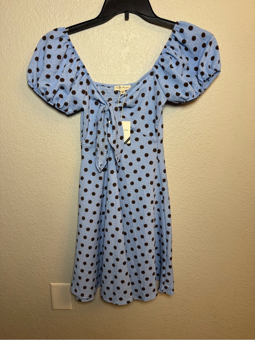 NWT See You Monday Light Blue Polka Dot Puff Sleeve Mini Dress Size M